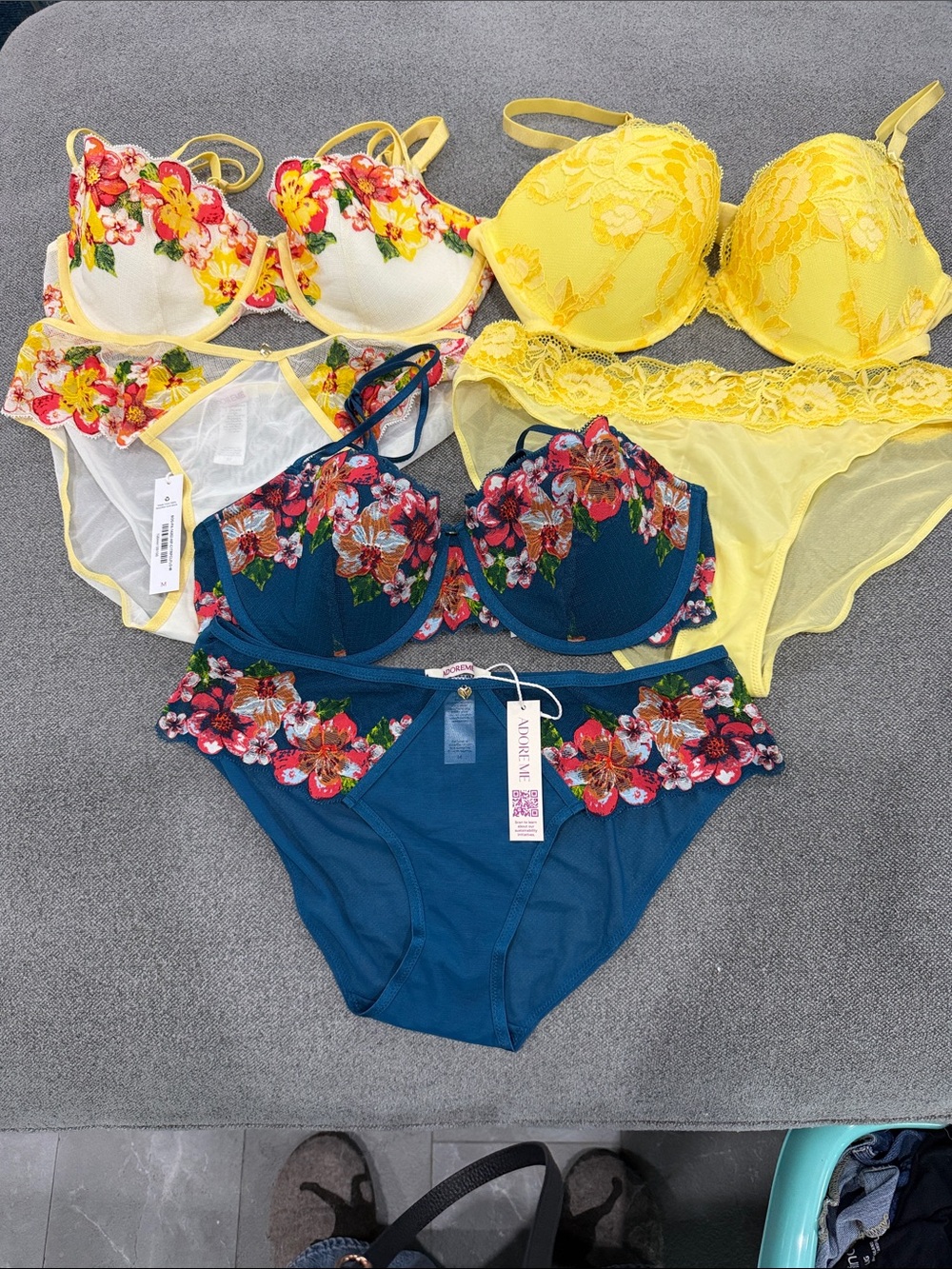 NWT 3 sets 36dFloral Embroidered Yellow & Blue Bra and Med Panty Sets-Adore Me